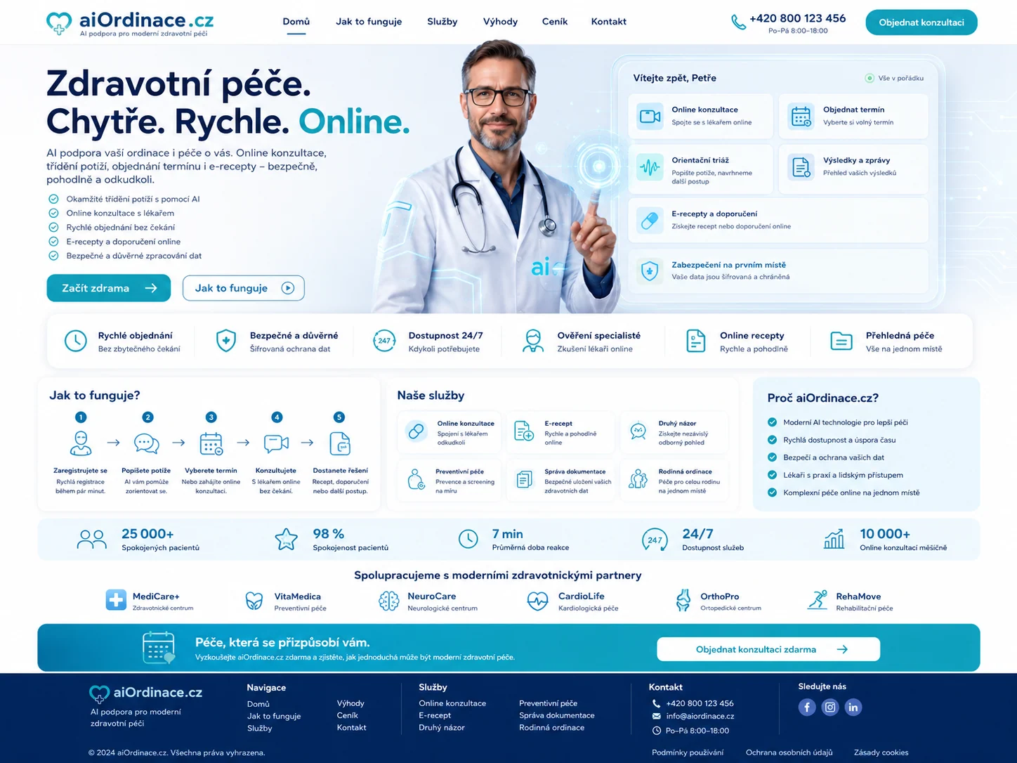 Ilustrační návrh pacientského portálu aiOrdinace.cz s objednáváním, online konzultací a přehledem zpráv